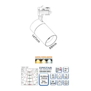 Σποτ Ράγας LED COB 30W Dimmable Τριφασικό Universe CCT 3000-5000K 2850lm 38° Μαύρο 2-U011907