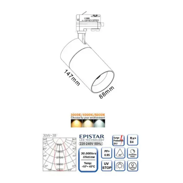 Σποτ Ράγας LED COB 30W Dimmable Τριφασικό Universe CCT 3000-5000K 2850lm 38° Μαύρο 2-U011907