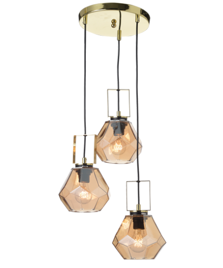 ACA DECOR – Κρεμαστό Φωτιστικό 3ΧΕ27 Γυαλί Κεχριμπάρι + Ορείχαλκο Μέταλλο Φ30ΧΗ101cm