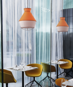 ACA DECOR   – Κρεμαστό Φωτιστικό 1ΧΕ27 Ύφασμα Κίτρινο + Λευκό Φ35ΧΗ120cm