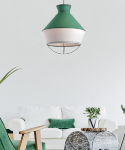 ACA DECOR   – Κρεμαστό Φωτιστικό 3ΧΕ14 Ύφασμα Σμαραγδί + Λευκό Φ45ΧΗ120cm