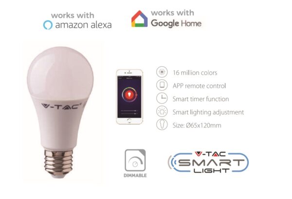 Wi-Fi Λάμπα LED 10W E27 A60 V-TAC Smart Home 200° 806lm 2700K-6400K+RGB – 2751