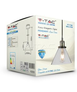 Κουτί φωτιστικού V-TAC με κομψό κρεμαστό σχέδιο, μαύρη καλωδίωση και γυάλινο τελείωμα, εγγύηση 5 ετών.