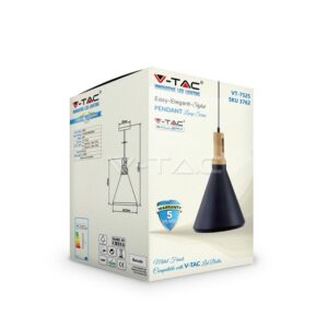 Συσκευασία κρεμαστού φωτιστικού V-TAC VT-7525, κομψό design, μεταλλικό φινίρισμα, εγγύηση 5 ετών.