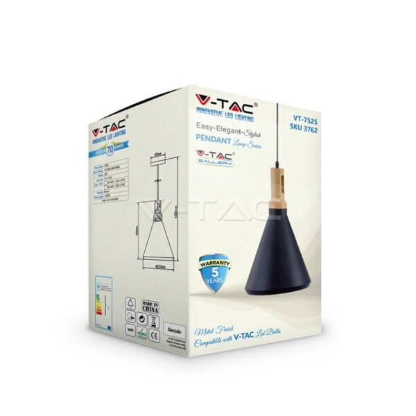 Συσκευασία κρεμαστού φωτιστικού V-TAC VT-7525, κομψό design, μεταλλικό φινίρισμα, εγγύηση 5 ετών.