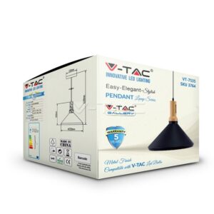 Συσκευασία κρεμαστής λάμπας V-TAC, μοντέλο VT-7535, με σχέδιο και πενταετή εγγύηση.