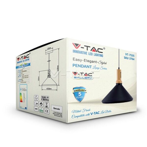 Συσκευασία κρεμαστής λάμπας V-TAC, μοντέλο VT-7535, με σχέδιο και πενταετή εγγύηση.