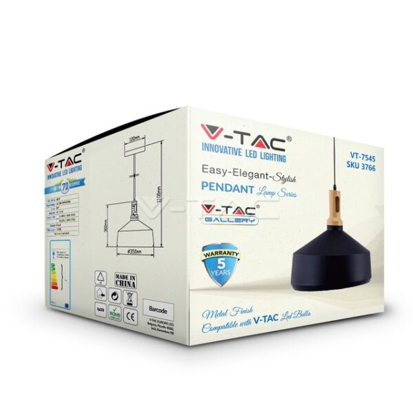 Συσκευασία για κρεμαστό φωτιστικό V-TAC VT-7545, κομψός σχεδιασμός και εγγύηση 5 ετών, κατάλληλο για λαμπτήρες LED.