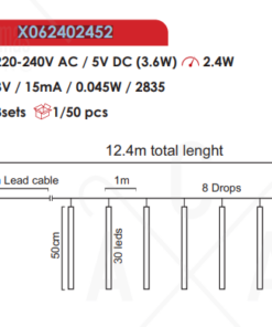 “SNOWDROP” 240 CW LED ΛΑΜΠ., 30LX8DROPS ΜΗΚ.50CM, ΑΝΤΑΠΤ(5V), ΕΠΕΚΤ(ΜΑΧ 2)IP44, 7.4m+5m ΔΙΑΦ. ΚΑΛ ACA – X062402452