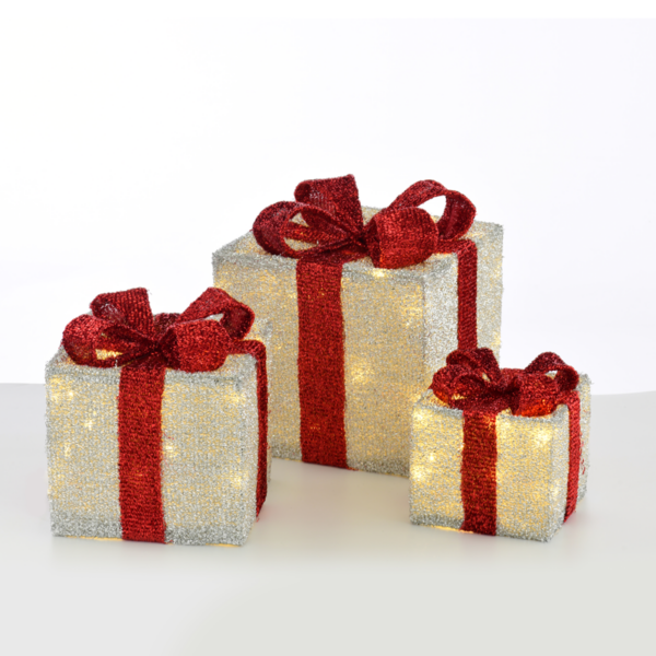 SET "SILVER GIFT BOX, RED BOW" 75(15+25+35) WW LED  ΜΠΑΤ. 3*3ΑΑ IP20 17,23,28.5CM ACA - X11751113