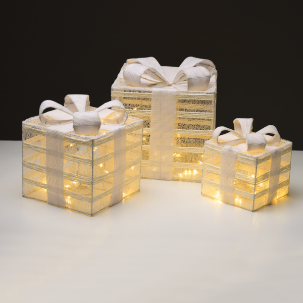 SET "WHITE GIFT BOX, BURLAP BOW" 75(15+25+35) WW LED  ΜΠΑΤ. 3*3ΑΑ IP20 17,23,28.5CM ACA - X11751115