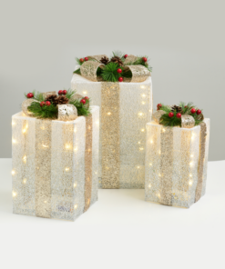 SET “WHITE&SILVER GIFT BOX,CHAMPAGN GOLD BOW” 90(20+30+40) WW MINILED ΜΠΑΤ.3*3ΑΑ IP20 30,36,41CM ACA – X11901116