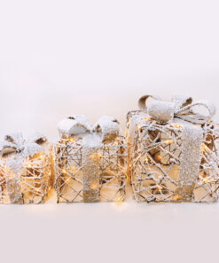 SET RATTAN GIFT BOX, NATURAL BURLAP BOW 90(20+30+40) WW MINI LED  ΜΠΑΤ. 3*3ΑΑ IP20 18,24,30CM ACA – X1190113