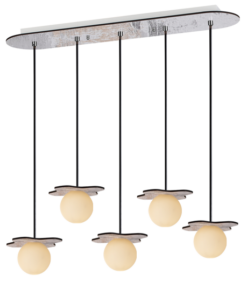 ACA DECOR – Κρεμαστό Φωτιστικό 5ΧG9 Απόχρωση Παλ Ξύλο Mdf + Λευκό Γυαλί 63Χ15ΧΗ60cm