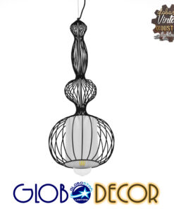 GloboStar® NELLY 01560 Vintage Industrial Κρεμαστό Φωτιστικό Οροφής Μονόφωτο Μαύρο Μεταλλικό Πλέγμα και Υφασμάτινο Εσωτερικό Καπέλο Φ25 x Υ67cm