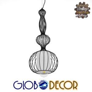 GloboStar® NELLY 01560 Vintage Industrial Κρεμαστό Φωτιστικό Οροφής Μονόφωτο Μαύρο Μεταλλικό Πλέγμα και Υφασμάτινο Εσωτερικό Καπέλο Φ25 x Υ67cm