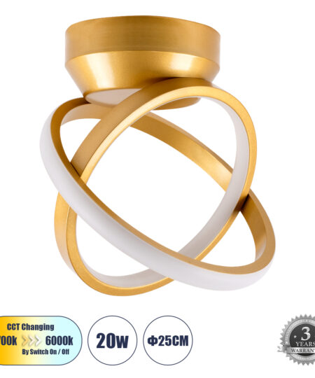 GloboStar® AMELIA 61054 Φωτιστικό Οροφής Design LED CCT 20W 2400lm 300° AC 220-240V – Εναλλαγή Φωτισμού μέσω Διακόπτη On/Off All In One Ψυχρό 6000k+Φυσικό 4500k+Θερμό 2700k Μ24.5 x Π16 x Υ25cm – Χρυσό Βούρτσας