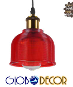 GloboStar® SEGRETO 01450 Vintage Κρεμαστό Φωτιστικό Οροφής Μονόφωτο 1 x E27 Κόκκινο Γυάλινο Διάφανο Καμπάνα με Χρυσό Ντουί Φ14 x Υ18cm