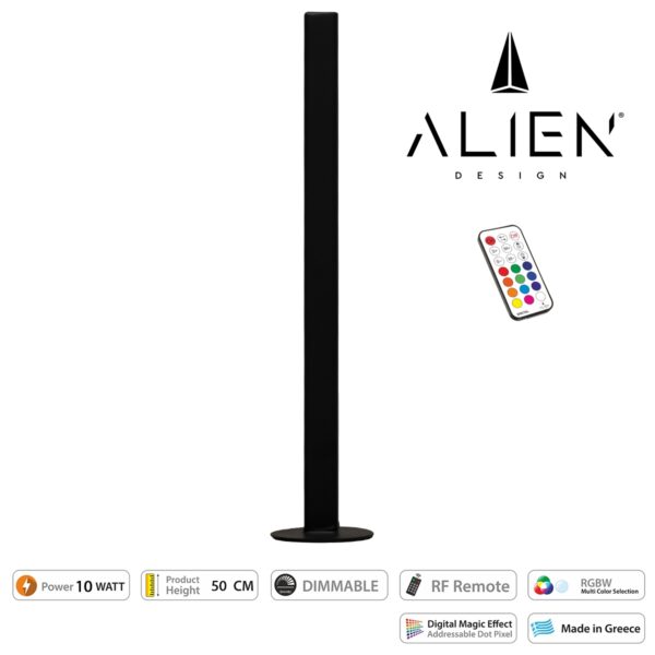 GloboStar® ALIEN-DIVA-BLACK-50-11 ALIEN Design DIVA Μοντέρνο Minimal Nordic Μεταλλικό Φωτιστικό Επιτραπέζιο – Πορτατίφ – Λαμπατέρ Μαύρο LED 10W 1500lm με Ασύρματο Χειριστήριο RF & Dimmer IP20 Πολύχρωμο RGBW Ψηφιακή με Τρεχούμενα Εφέ  Μ3 x Π1.6 x Υ50cm