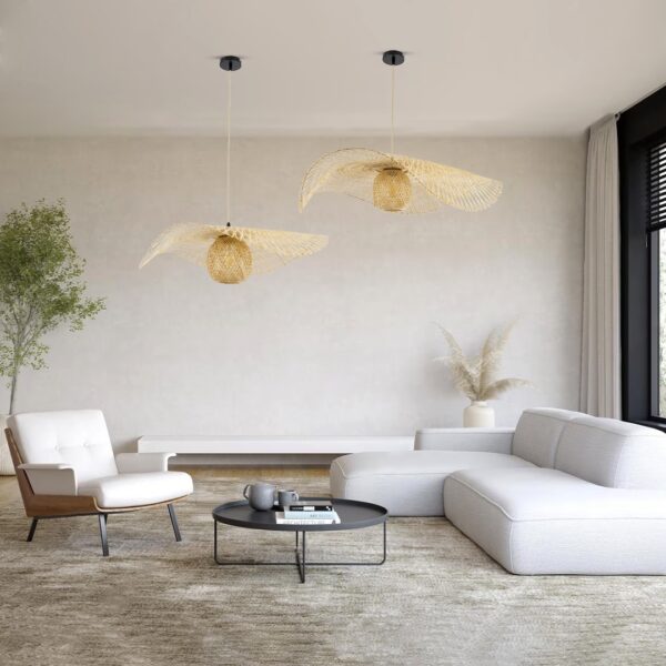 GloboStar® CINNABAR 01838 Boho Κρεμαστό Φωτιστικό Οροφής Μονόφωτο 1 x E27 AC220-240V IP20 – Φ100 x Υ21cm – Μπεζ Ξύλινο Μπαμπού Πλέγμα – 5 Χρόνια Εγγύηση