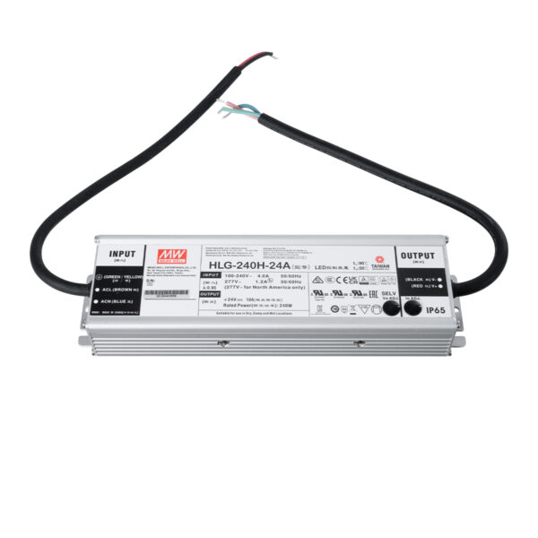 GloboStar® HLG-240H-24A 90793 MEANWELL Αδιάβροχο Ρυθμιζόμενο Μεταλλικό Τροφοδοτικό SELV για Προϊόντα LED 240W 10A – AC 220-240V σε DC 24V – Ρυθμιζόμενο από 22.4VDC έως 25.6VDC – Αδιάβροχο IP65 Μ24.4 x Π6.8 x Υ3.88cm – 3 Years Warranty