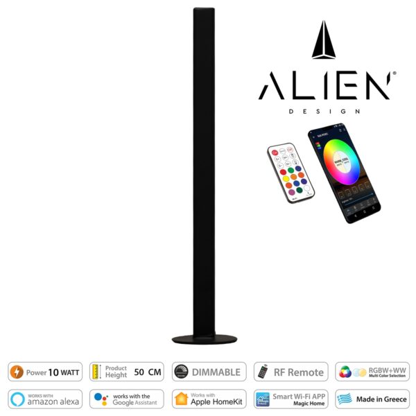 GloboStar® ALIEN-DIVA-BLACK-50-12 ALIEN Design DIVA Μοντέρνο Minimal Nordic Μεταλλικό Φωτιστικό Επιτραπέζιο – Πορτατίφ – Λαμπατέρ Μαύρο LED 10W 1500lm με Ασύρματο Χειριστήριο RF & Dimmer IP20 Πολύχρωμο RGBW + WW Smart Home Wi-Fi Μ3 x Π1.6 x Υ50cm