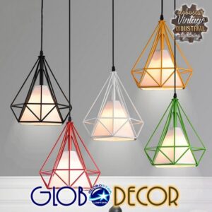 GloboStar® KAIRI 01618 Μοντέρνο Industrial Κρεμαστό Φωτιστικό Οροφής Μονόφωτο 1 x E27 Μαύρο με Άσπρο Ύφασμα Μεταλλικό Πλέγμα Φ38 x Υ39cm