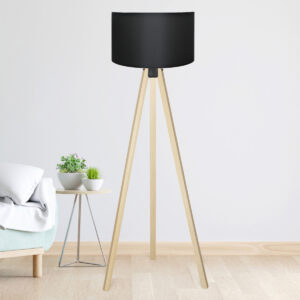 GloboStar® SAGA 204-0041 Μοντέρνο Eπιδαπέδιο Φωτιστικό Μονόφωτο 1 x E27 IP20 Μπεζ Ξύλο με Μαύρο Ύφασμα – Μ38 x Π38 x Υ140cm