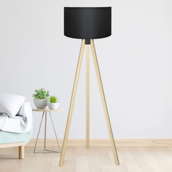 GloboStar® SAGA 204-0041 Μοντέρνο Eπιδαπέδιο Φωτιστικό Μονόφωτο 1 x E27 IP20 Μπεζ Ξύλο με Μαύρο Ύφασμα – Μ38 x Π38 x Υ140cm