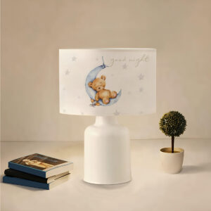 GloboStar® MOON 204-0023 Παιδικό Eπιτραπέζιο Φωτιστικό Φιγούρα Μονόφωτο 1 x E27 IP20 Λευκό Ύφασμα – Μ24 x Π24 x Υ32cm