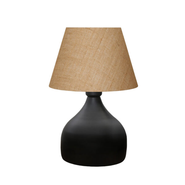 GloboStar® PYRAMID 204-0057 Μοντέρνο Eπιτραπέζιο Φωτιστικό Μονόφωτο 1 x E27 IP20 Μαύρο Μέταλλο με Μπεζ Ύφασμα – Μ22 x Π22 x Υ30cm