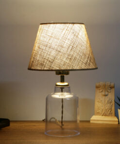 GloboStar® TRANS 204-0055 Μοντέρνο Eπιτραπέζιο Φωτιστικό Μονόφωτο 1 x E27 IP20 Διάφανο Πλαστικό με Μπεζ Ύφασμα – Μ22 x Π22 x Υ14cm