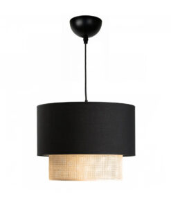 GloboStar® BIGGIE 204-0098 Μοντέρνο Κρεμαστό Φωτιστικό Kαπέλο Μονόφωτο 1 x E27 IP20 Μαύρο Ύφασμα με Μπεζ Rattan – Μ30 x Π30 x Υ70cm