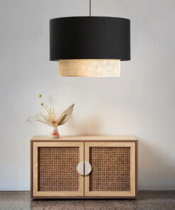 GloboStar® BIGGIE 204-0098 Μοντέρνο Κρεμαστό Φωτιστικό Kαπέλο Μονόφωτο 1 x E27 IP20 Μαύρο Ύφασμα με Μπεζ Rattan – Μ30 x Π30 x Υ70cm