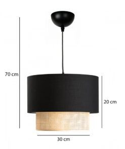 GloboStar® BIGGIE 204-0098 Μοντέρνο Κρεμαστό Φωτιστικό Kαπέλο Μονόφωτο 1 x E27 IP20 Μαύρο Ύφασμα με Μπεζ Rattan – Μ30 x Π30 x Υ70cm