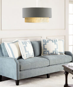 GloboStar® BIGGIE 204-0095 Μοντέρνο Κρεμαστό Φωτιστικό Kαπέλο Μονόφωτο 1 x E27 IP20 Γκρι Ύφασμα με Μπεζ Rattan – Μ30 x Π30 x Υ70cm