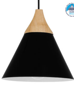 GloboStar® SHADE 00906 Μοντέρνο Κρεμαστό Φωτιστικό Οροφής Μονόφωτο 1 x E27 Μαύρο Μεταλλικό με Ξύλο Καμπάνα Φ23 x Υ22cm