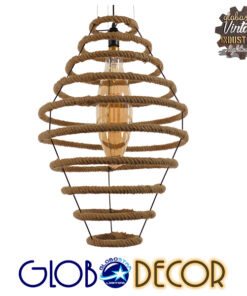 GloboStar® MELISSA 01158 Vintage Κρεμαστό Φωτιστικό Οροφής Μονόφωτο 1 x E27 Μαύρο Μεταλλικό με Μπεζ Σχοινί Φ47 x Y70.5cm