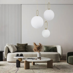 GloboStar® BELLISSIMO 61487 Μοντέρνο Κρεμαστό Φωτιστικό Οροφής Μονόφωτο 1 x E27 Γαλακτερή Γυάλινη Μπάλα με Μεταλλικό Επιχρυσωμενό Πλατίνα Σώμα Φ30 x Υ52cm