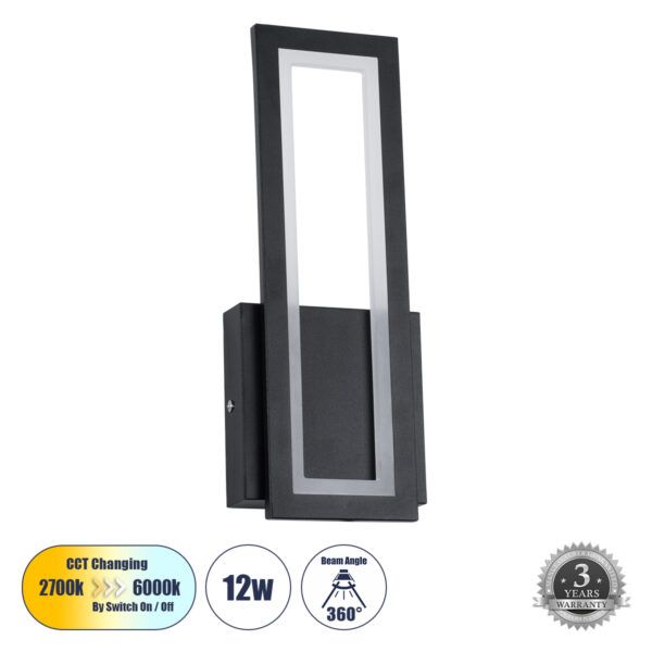 GloboStar® TIARA 61327 Φωτιστικό Τοίχου - Απλίκα Design LED CCT 12W 1440lm 360° AC 220-240V - Εναλλαγή Φωτισμού μέσω Διακόπτη On/Off All In One Ψυχρό 6000k+Φυσικό 4500k+Θερμό 2700k Μ12.5 x Π4 x Υ32cm - Μαύρο - 3 Years Warranty