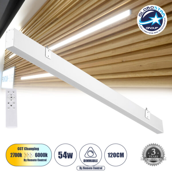 GloboStar® FELIX 61029-W Γραμμικό Φωτιστικό Τοίχου - Απλίκα Linear LED CCT 54W 6500lm 120° AC 220-240V Μ120 x Π3.5 x Υ7cm - Εναλλαγή Φωτισμού μέσω Τηλεχειριστηρίου All In One Ψυχρό 6000k+Φυσικό 4500k+Θερμό 2700k Dimmable - Λευκό - 3 Years Warranty