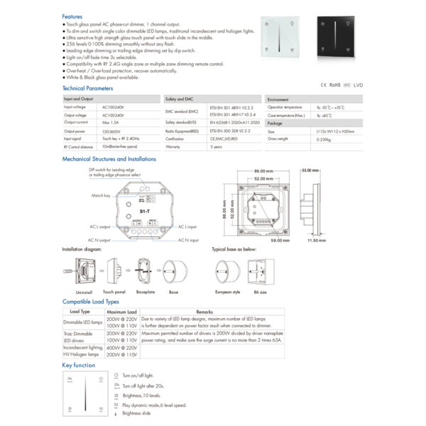 GloboStar® 71453 S1-T SKYDANCE AC Smart RF 2.4Ghz & Αφής – Touch Triac Dimming AC100-240V σε AC100-240V 1 x 1.5A 360W – Max 1.5A 360W – IP20 – Μαύρο Σώμα – Μ8.5 x Π8.5 x Υ3.2cm – 5 Years Warranty