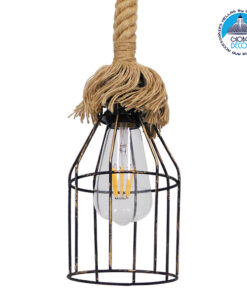 GloboStar® LAICO 01129 Vintage Κρεμαστό Φωτιστικό Οροφής Μονόφωτο 1 x E27 Μπρούτζινο Σκουριά Μεταλλικό Πλέγμα με Μπεζ Σχοινί Φ12 x Y100cm