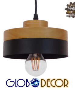 GloboStar® RUHIEL 01233 Μοντέρνο Κρεμαστό Φωτιστικό Οροφής Μονόφωτο 1 x E27 Μαύρο Μεταλλικό με Φυσικό Ξύλο Καμπάνα Φ18 x Y12cm
