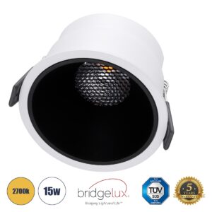 GloboStar® PLUTO-B 60259 Χωνευτό LED Spot Downlight TrimLess Φ10.4cm 15W 1875lm 38° AC 220-240V IP20 Φ10.4 x Υ6.5cm – Στρόγγυλο – Λευκό με Μαύρο Κάτοπτρο & Anti-Glare HoneyComb – Θερμό Λευκό 2700K – Bridgelux COB – 5 Years Warranty