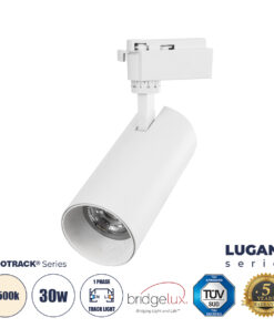 GloboStar® LUGANO 60813 Μονοφασικό Φωτιστικό Σποτ Ράγας LED 30W 3750lm 36° Acrylic HQ LENS AC 220-240V IP20 Φ7.5 x Υ22.7cm Φυσικό Λευκό 4500K – EUROTRACK® System 1L+1N – Λευκό – Bridgelux Chip – TÜV Certified Driver – 5 Χρόνια Εγγύηση