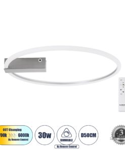 GloboStar® CINDERELLA 60983 Φωτιστικό Οροφής Δαχτυλίδι-Κύκλος LED CCT 30W 3360lm 360° AC 220-240V – Εναλλαγή Φωτισμού μέσω Τηλεχειριστηρίου All In One Ψυχρό 6000k+Φυσικό 4500k+Θερμό 2700k Dimmable Φ50cm – Χρώμιο Νικελ – 3 Years Warranty