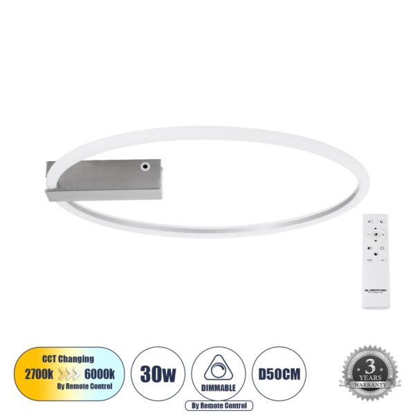 GloboStar® CINDERELLA 60983 Φωτιστικό Οροφής Δαχτυλίδι-Κύκλος LED CCT 30W 3360lm 360° AC 220-240V – Εναλλαγή Φωτισμού μέσω Τηλεχειριστηρίου All In One Ψυχρό 6000k+Φυσικό 4500k+Θερμό 2700k Dimmable Φ50cm – Χρώμιο Νικελ – 3 Years Warranty