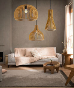 GloboStar® SCANDINAVIA 01697 Μοντέρνο Κρεμαστό Φωτιστικό Οροφής Μονόφωτο 1 x E27 Μπεζ Ξύλινο Πλέγμα Φ35 x Υ35cm