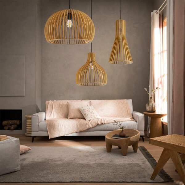GloboStar® SCANDINAVIA 01697 Μοντέρνο Κρεμαστό Φωτιστικό Οροφής Μονόφωτο 1 x E27 Μπεζ Ξύλινο Πλέγμα Φ35 x Υ35cm